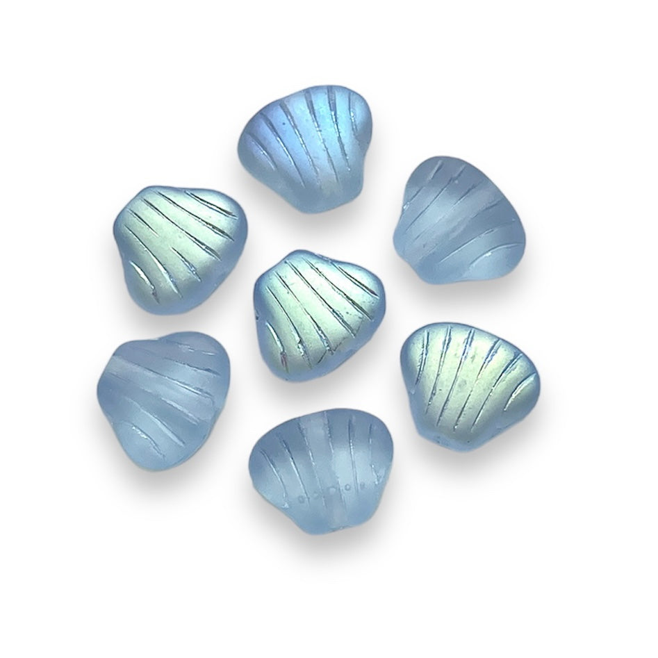 Czech glass scallop clam seashell beads 24pc frosted blue AB 8x7mm
