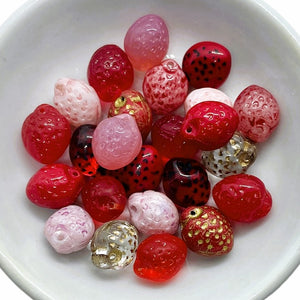 Czech glass strawberry fruit bead mix 24pc red pink & crystal