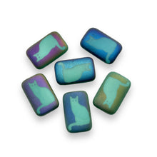 Load image into Gallery viewer, Czech glass rectangle laser tattoo cat beads 6pc matte turquoise sliperit 18x12mm
