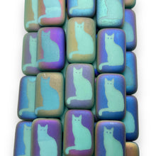 Load image into Gallery viewer, Czech glass rectangle laser tattoo cat beads 6pc matte turquoise sliperit 18x12mm
