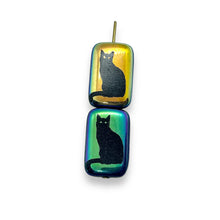 Load image into Gallery viewer, Czech glass rectangle laser tattoo black cat beads 6pc jet AB 18x12mm

