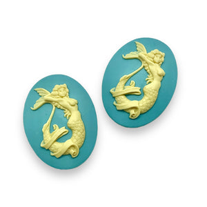 Mermaid flatback Cabochon Cameo Resin 2pc blue ivory 40x30mm