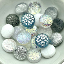 Load image into Gallery viewer, Czech glass Christmas snowflake coin bead mix 22pc crystal white blue

