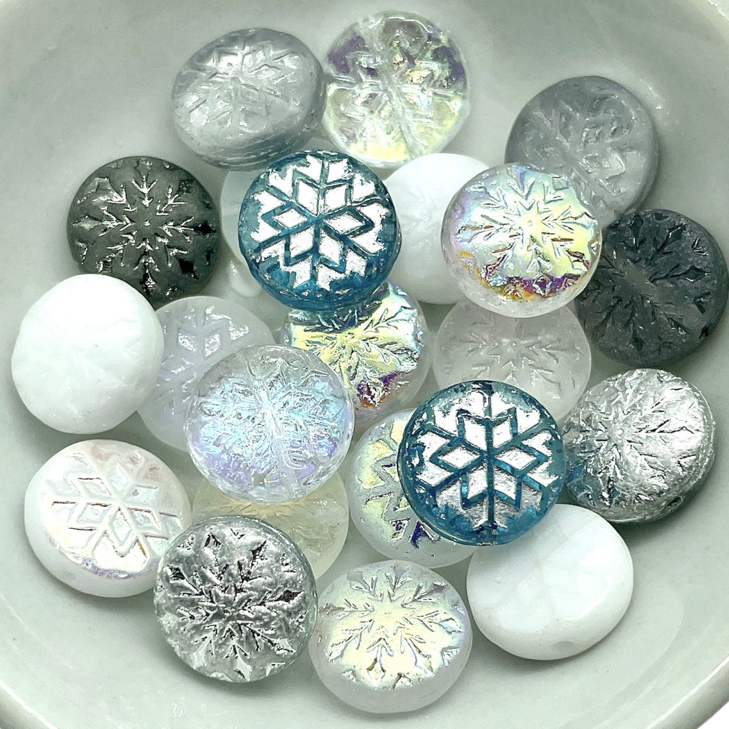 Czech glass Christmas snowflake coin bead mix 22pc crystal white blue
