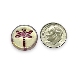 Czech glass dragonfly coin beads pink AB 17mm 6pc