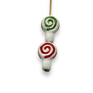 Tiny Christmas lollipop beads Peruvian ceramic 4pc red green mix 14x9mm