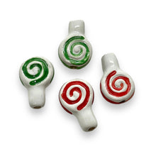 Load image into Gallery viewer, Tiny Christmas lollipop beads Peruvian ceramic 4pc red green mix 14x9mm
