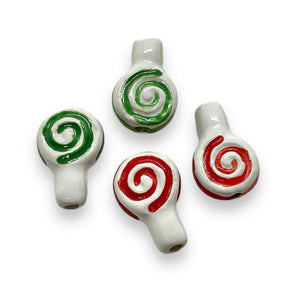 Tiny Christmas lollipop beads Peruvian ceramic 4pc red green mix 14x9mm