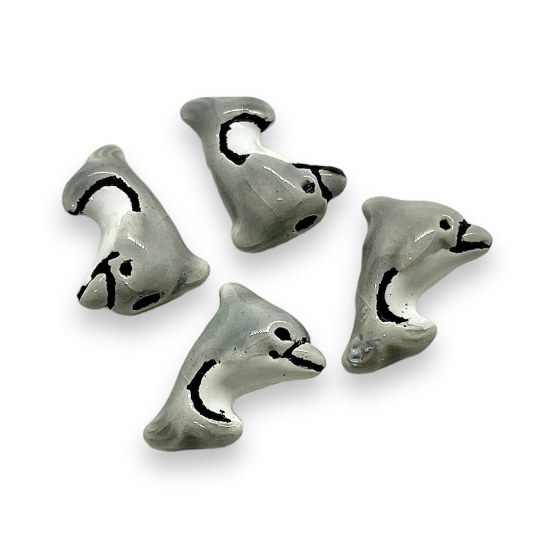 Tiny gray dolphin beads Peruvian ceramic 4pc 15x9mm