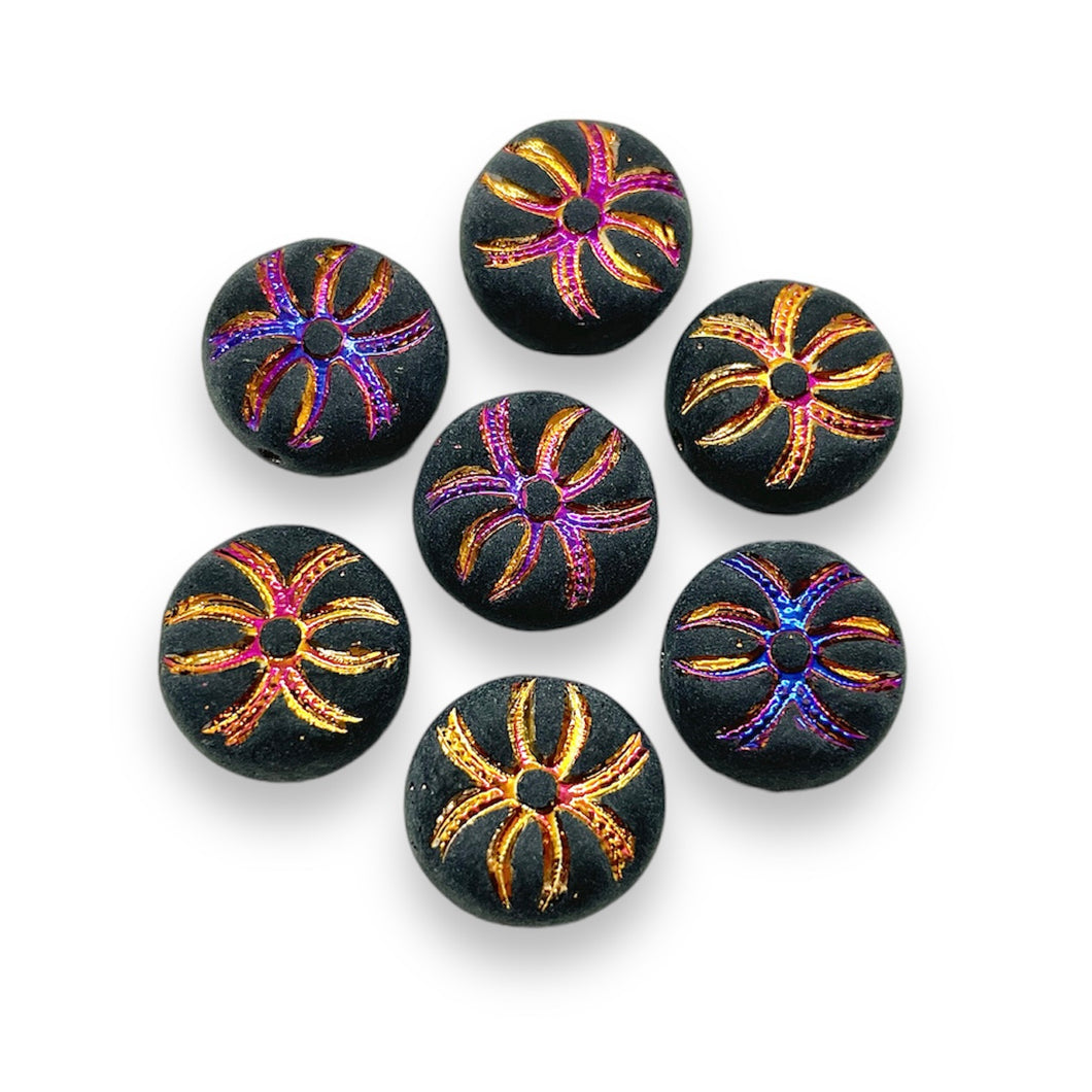 Czech glass Halloween spider coin beads 10pc black sliperit 13x7mm