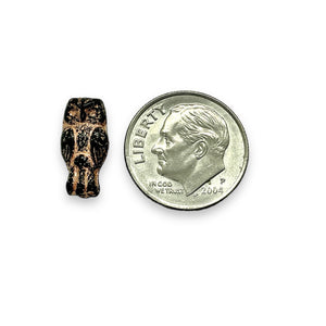 Czech glass small owl beads 15pc jet black copper 15x7mm