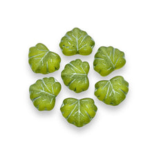 Load image into Gallery viewer, Czech glass maple leaf beads 15pc frosted green olivine silver 13x11mm
