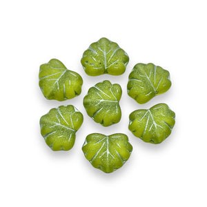 Czech glass maple leaf beads 15pc frosted green olivine silver 13x11mm