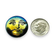 Load image into Gallery viewer, Czech glass laser tattoo sun moon puffed coin beads 4pc jet AB 20mm
