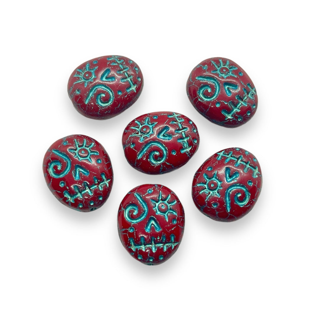 Czech glass voodoo zombie skull beads 6pc red blue 16x13mm