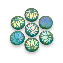 Load image into Gallery viewer, Czech glass laser tattoo lotus flower coin beads 8pc blue picasso AB 14mm
