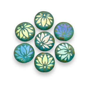 Czech glass laser tattoo lotus flower coin beads 8pc blue picasso AB 14mm