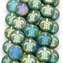 Load image into Gallery viewer, Czech glass laser tattoo sea turtle coin beads 8pc blue picasso AB 13mm
