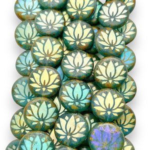 Czech glass laser tattoo lotus flower coin beads 8pc blue picasso AB 14mm