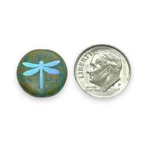Czech glass laser tattoo dragonfly coin beads 8pc blue picasso AB 16mm