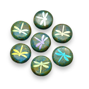 Czech glass laser tattoo dragonfly coin beads 8pc blue picasso AB 16mm
