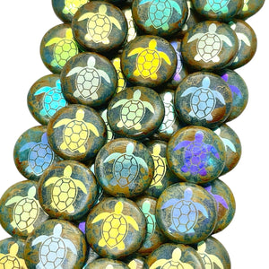 Czech glass laser tattoo sea turtle coin beads 8pc blue picasso AB 16mm
