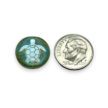 Load image into Gallery viewer, Czech glass laser tattoo sea turtle coin beads 8pc blue picasso AB 16mm
