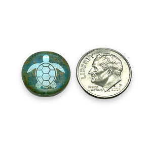 Czech glass laser tattoo sea turtle coin beads 8pc blue picasso AB 16mm