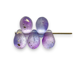 Czech glass etched teardrop beads 25pc crystal purple gold 9x6mm #3