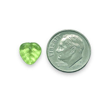 Load image into Gallery viewer, Czech glass heart leaf beads 30pc translucent peridot green 9mm
