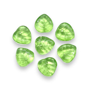 Czech glass heart leaf beads 30pc translucent peridot green 9mm