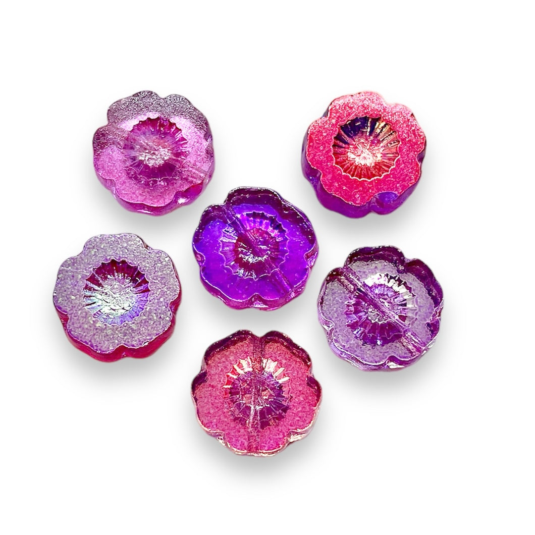Czech glass table cut hibiscus flower beads 6pc fuchsia pink metallic 14mm