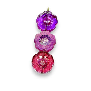 Czech glass table cut hibiscus flower beads 6pc fuchsia pink metallic 14mm