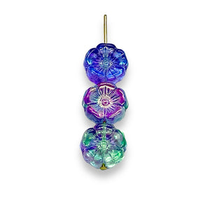 Czech glass hibiscus flower beads 12pc blue purple green AB 12mm