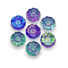 Load image into Gallery viewer, Czech glass hibiscus flower beads 12pc blue purple green AB 12mm
