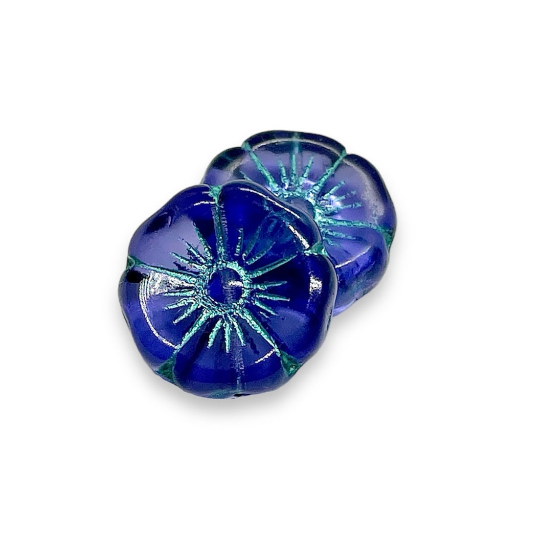 Czech glass XL hibiscus flower focal beads 4pc purple turquoise 20mm