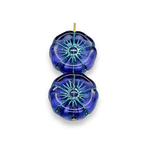 Load image into Gallery viewer, Czech glass XL hibiscus flower focal beads 4pc purple turquoise 20mm
