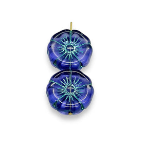 Czech glass XL hibiscus flower focal beads 4pc purple turquoise 20mm