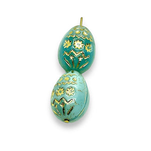 Czech glass large decorated Easter egg beads 4pc blue gold 20x14mm