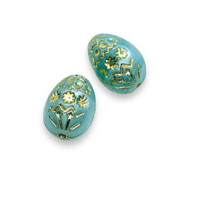 Load image into Gallery viewer, Czech glass large decorated Easter egg beads 4pc blue gold 20x14mm
