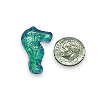 Load image into Gallery viewer, Czech glass seahorse focal beads 2pc blue green with metallic pink 28mm #4
