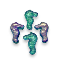 Load image into Gallery viewer, Czech glass seahorse focal beads 2pc blue green with metallic pink 28mm #4
