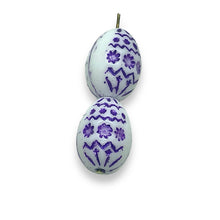 Load image into Gallery viewer, Czech glass large decorated Easter egg beads 4pc white purple decor 20x14mm
