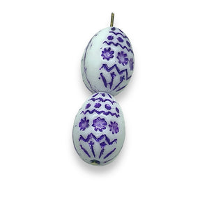 Czech glass large decorated Easter egg beads 4pc white purple decor 20x14mm