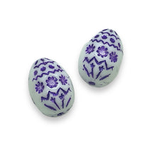 Load image into Gallery viewer, Czech glass large decorated Easter egg beads 4pc white purple decor 20x14mm
