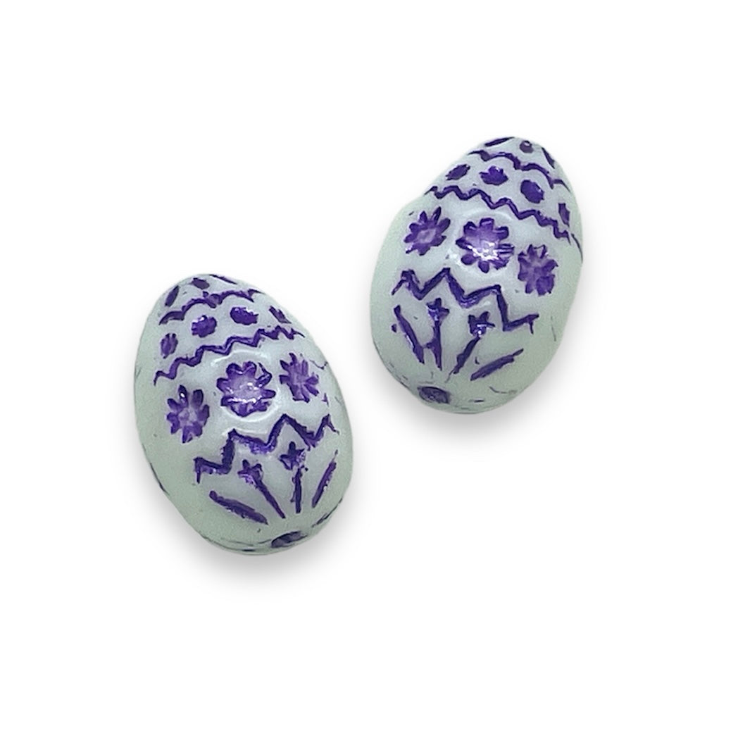 Czech glass large decorated Easter egg beads 4pc white purple decor 20x14mm