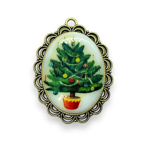 Porcelain Christmas tree Cabochon Cameo 2pc oval 30x40mm