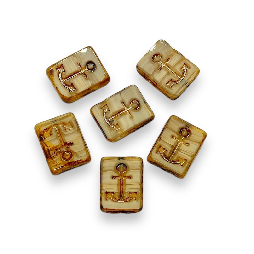 Czech glass table cut rectangle anchor beads 6pc beige picasso 15x13mm