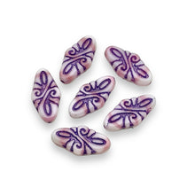 Load image into Gallery viewer, Czech glass arabesque diamond scroll beads 8pc pink white purple 19x9mm
