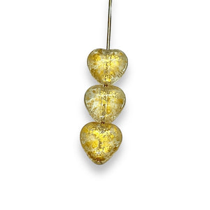 Czech glass heart beads 25pc crystal gold rain 10mm